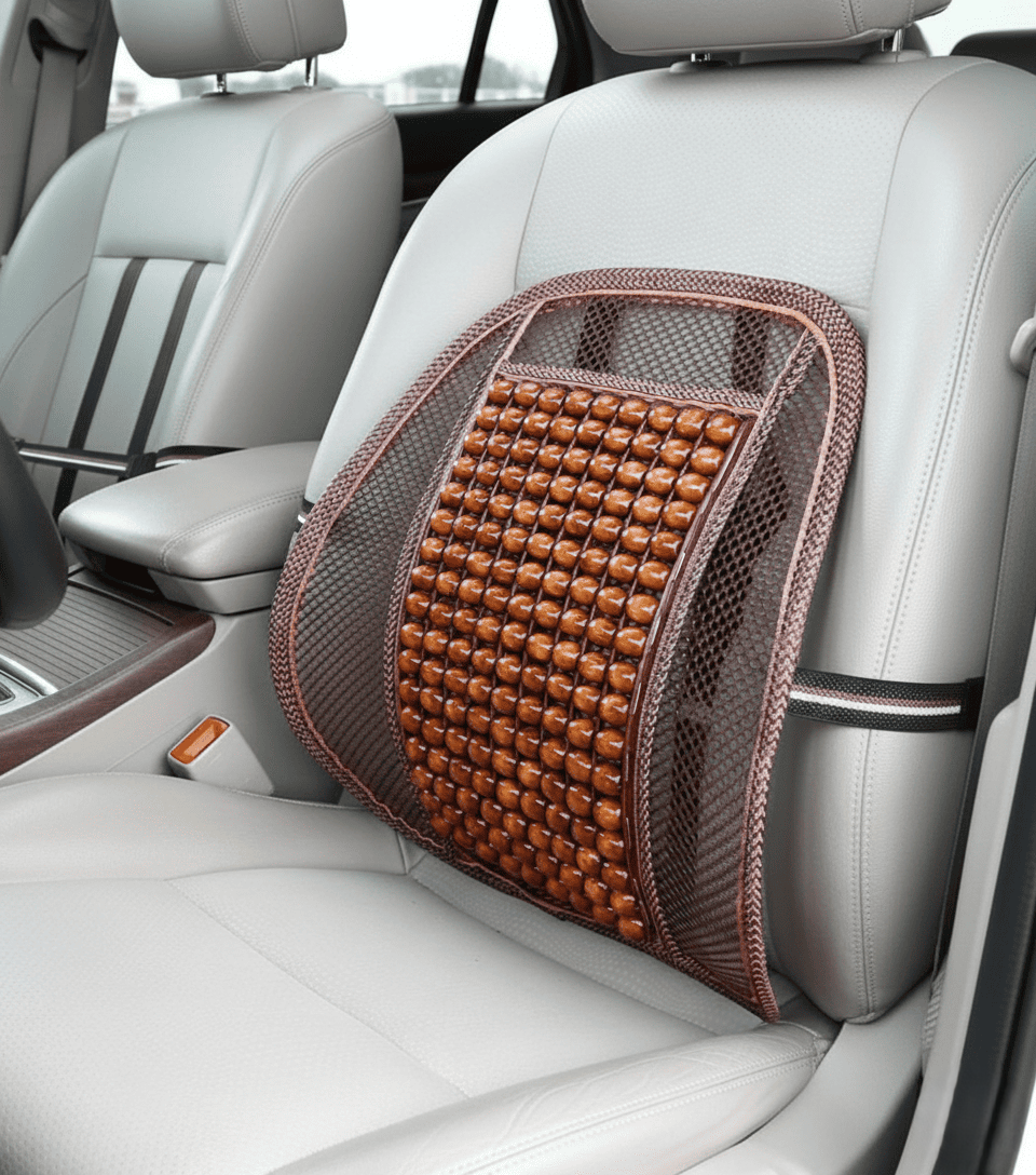 Premium Wooden & Leather Car Seat Back Support Cushion – Ergonomic Lumbar Comfort for Car & Office