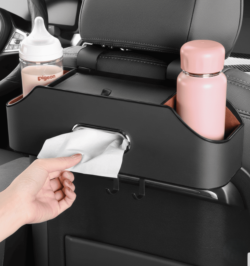 Car Back Seat Organizer & Tissue Box Holder – Multi-Functional 3-in-1 Storage with Cup Holder and Hooks