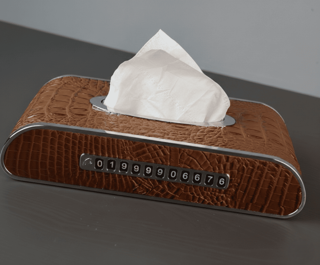 Luxury Crocodile Pattern Car Dashboard Tissue Box with Clock & Parking Number Card